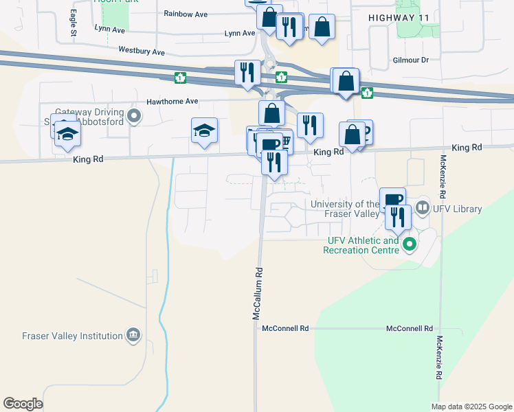 map of restaurants, bars, coffee shops, grocery stores, and more near 1477 McCallum Road in Abbotsford