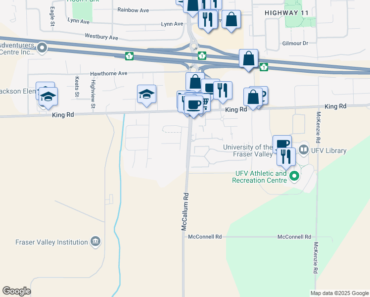 map of restaurants, bars, coffee shops, grocery stores, and more near 1477 McCallum Road in Abbotsford