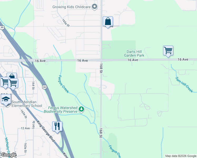 map of restaurants, bars, coffee shops, grocery stores, and more near 1495 168 Street in Surrey