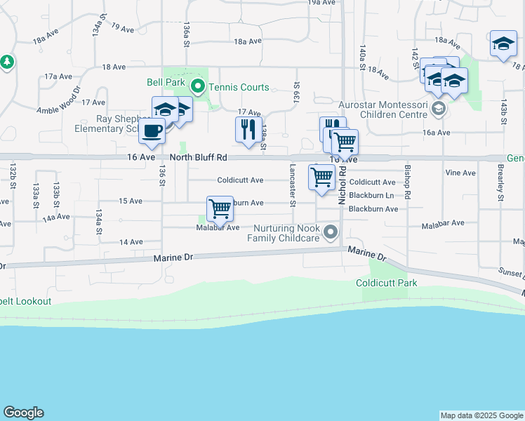 map of restaurants, bars, coffee shops, grocery stores, and more near 13810 Blackburn Avenue in White Rock