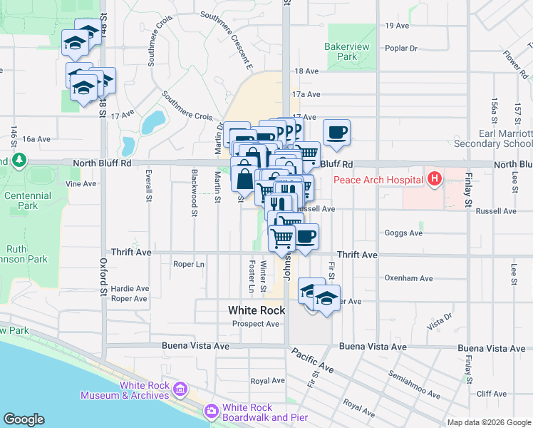 map of restaurants, bars, coffee shops, grocery stores, and more near 15152 Russell Avenue in White Rock