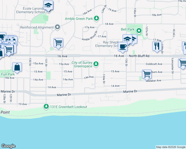 map of restaurants, bars, coffee shops, grocery stores, and more near 13383 14A Avenue in Surrey