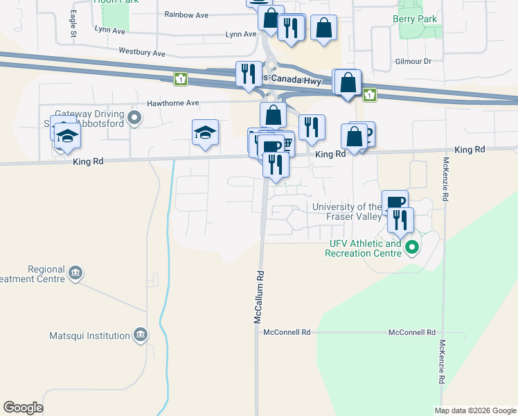 map of restaurants, bars, coffee shops, grocery stores, and more near 1477 McCallum Road in Abbotsford