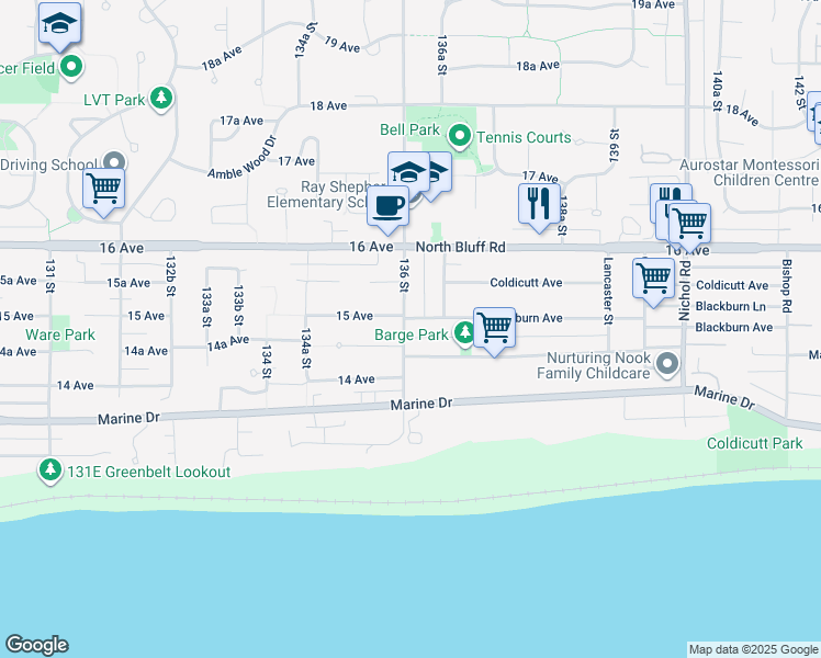 map of restaurants, bars, coffee shops, grocery stores, and more near 13600 Blackburn Avenue in White Rock
