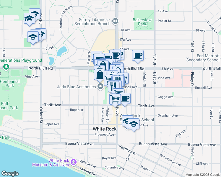 map of restaurants, bars, coffee shops, grocery stores, and more near 15156 Russell Avenue in White Rock