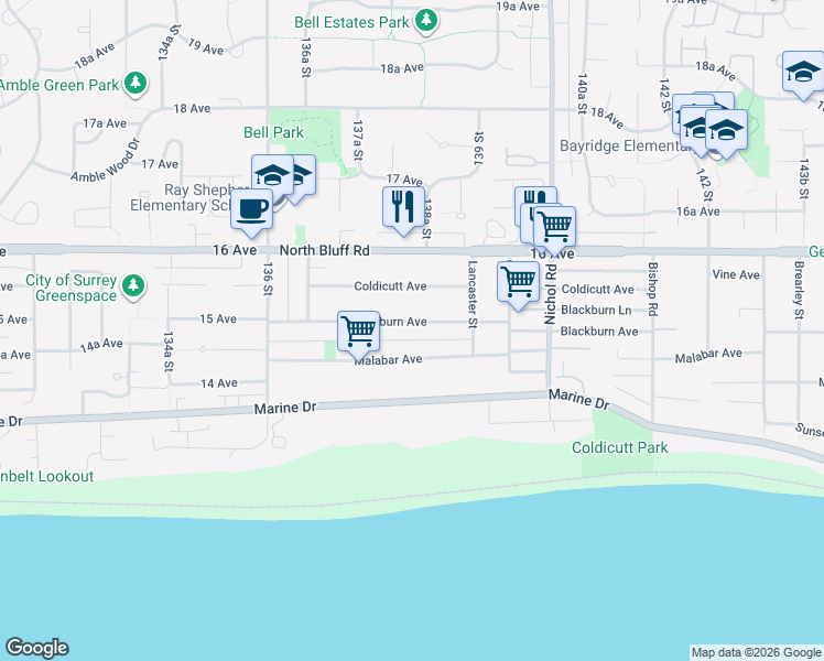 map of restaurants, bars, coffee shops, grocery stores, and more near 13800 Blackburn Avenue in White Rock