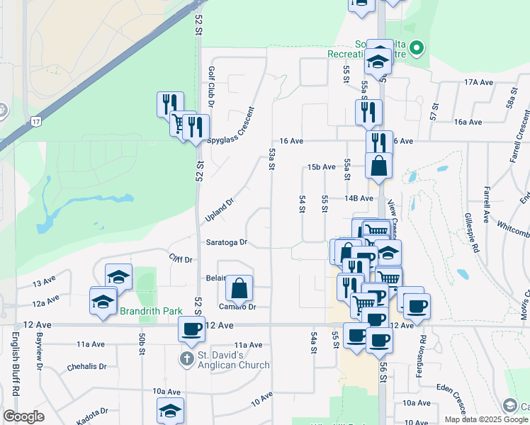 map of restaurants, bars, coffee shops, grocery stores, and more near 1452 Windsor Crescent in Delta