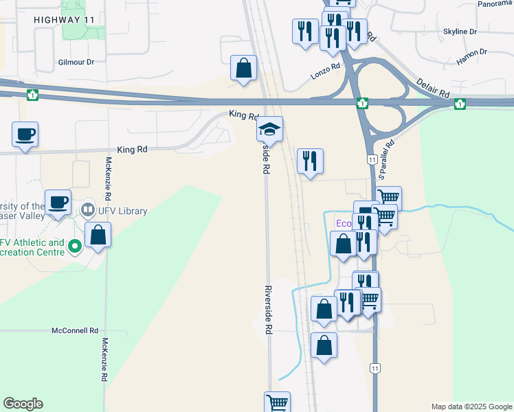 map of restaurants, bars, coffee shops, grocery stores, and more near 1471 Riverside Road in Abbotsford