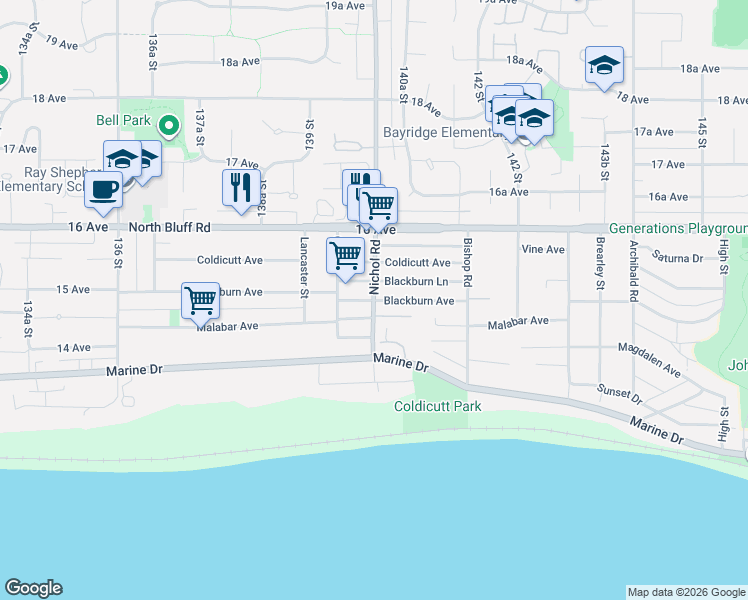 map of restaurants, bars, coffee shops, grocery stores, and more near Blackburn Avenue in White Rock