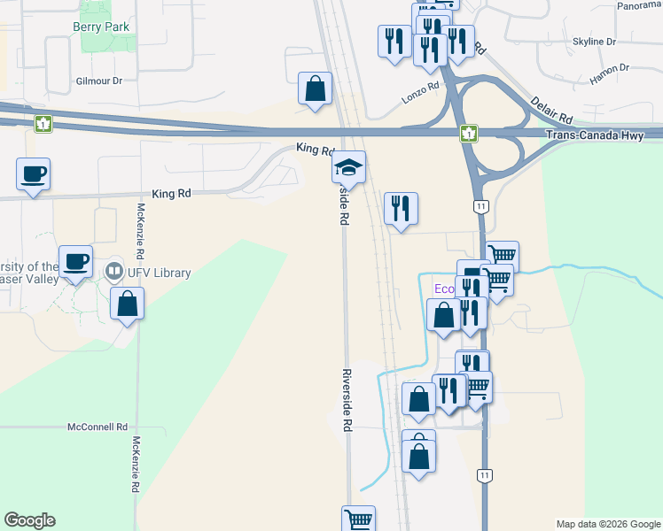 map of restaurants, bars, coffee shops, grocery stores, and more near 1471 Riverside Road in Abbotsford