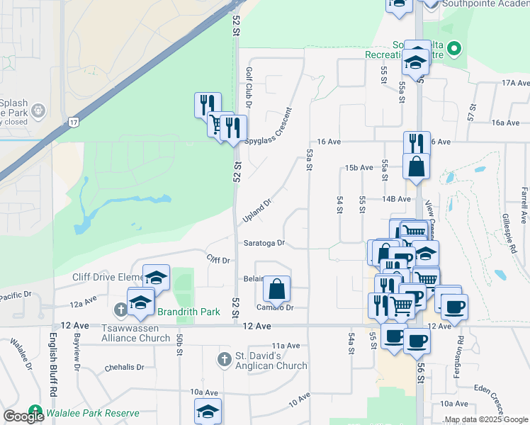 map of restaurants, bars, coffee shops, grocery stores, and more near 5244 Upland Place in Delta