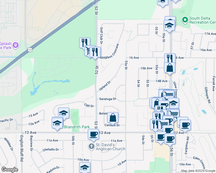 map of restaurants, bars, coffee shops, grocery stores, and more near 5244 Upland Place in Delta
