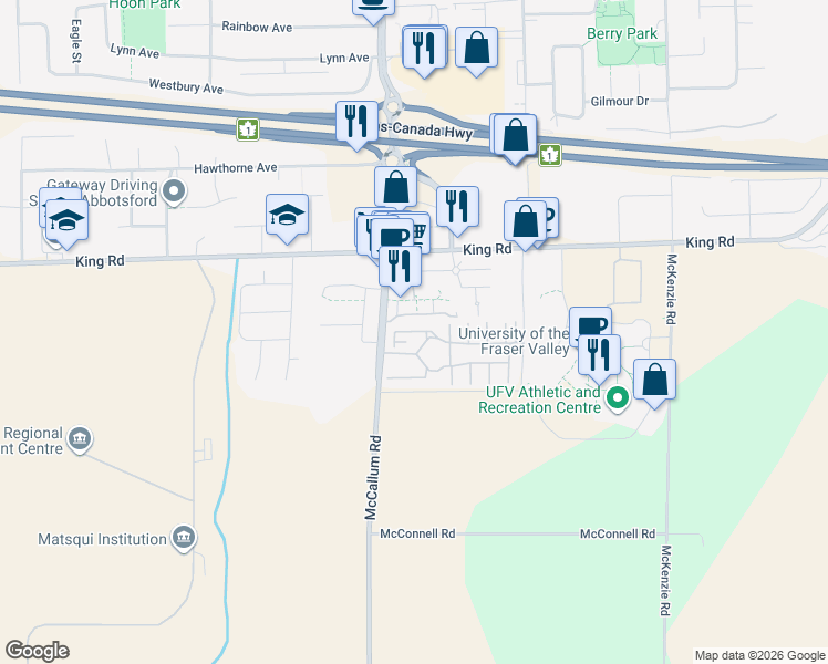 map of restaurants, bars, coffee shops, grocery stores, and more near 1502 McCallum Road in Abbotsford