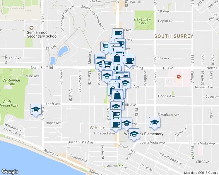 map of restaurants, bars, coffee shops, grocery stores, and more near 15152 Russell Avenue in White Rock