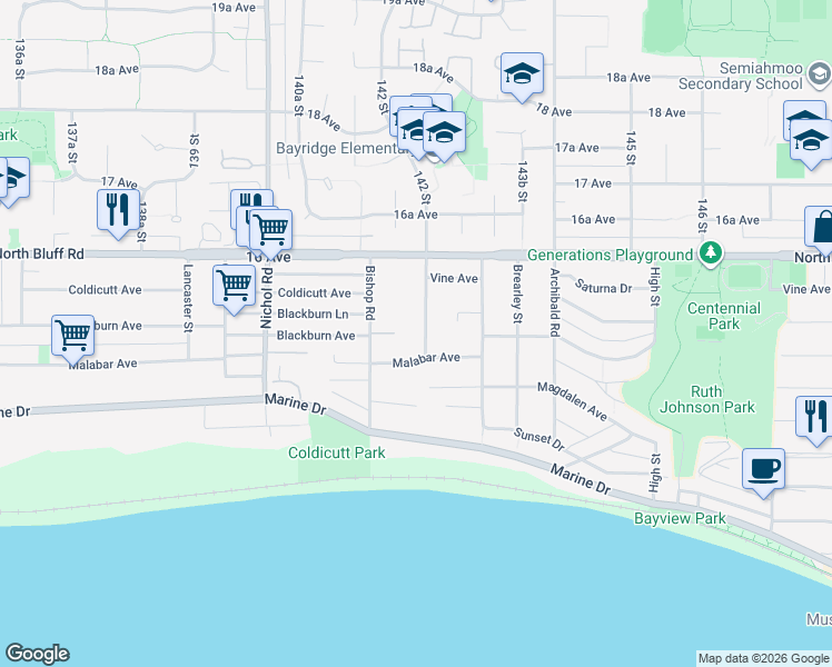 map of restaurants, bars, coffee shops, grocery stores, and more near 1501 Phoenix Street in White Rock