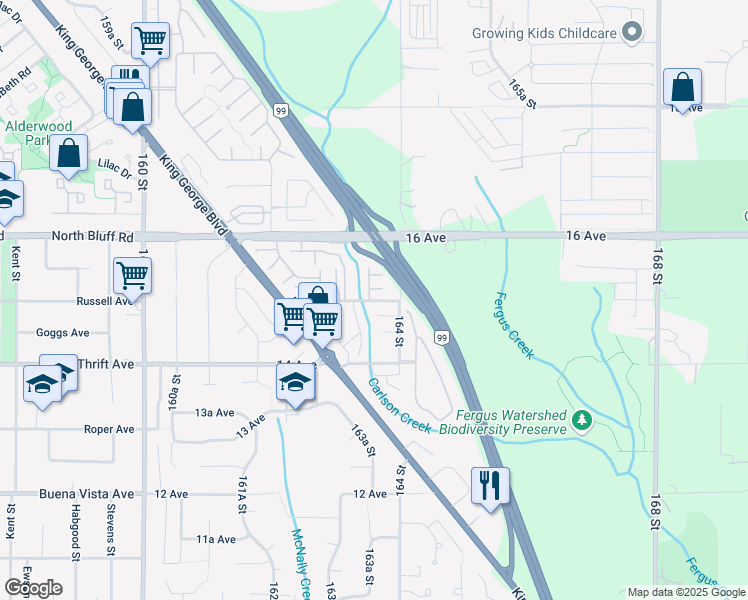 map of restaurants, bars, coffee shops, grocery stores, and more near 13 15 Avenue in Surrey