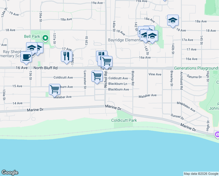 map of restaurants, bars, coffee shops, grocery stores, and more near 14027 Blackburn Avenue in White Rock