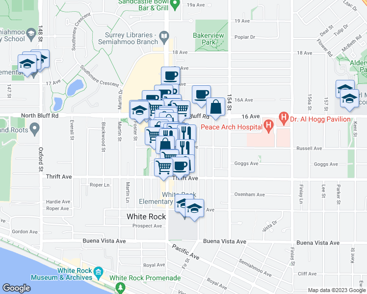 map of restaurants, bars, coffee shops, grocery stores, and more near George Street in White Rock