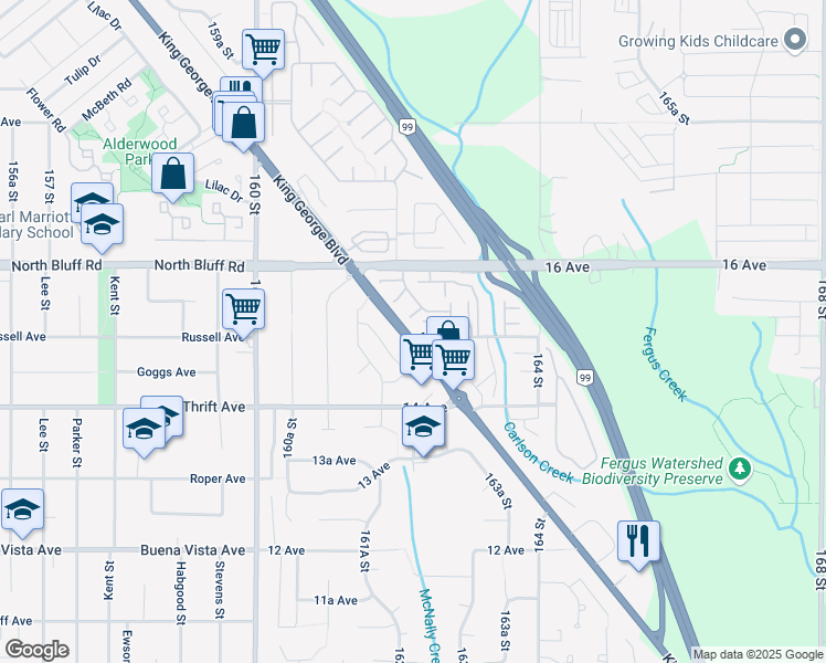 map of restaurants, bars, coffee shops, grocery stores, and more near 13 15 Avenue in Surrey