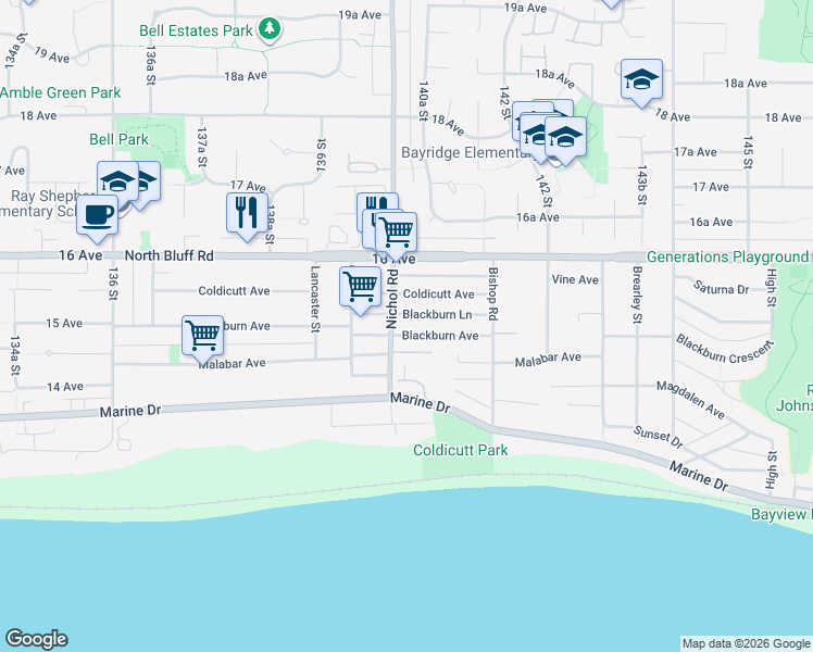 map of restaurants, bars, coffee shops, grocery stores, and more near 14027 Blackburn Avenue in White Rock