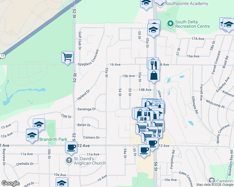 map of restaurants, bars, coffee shops, grocery stores, and more near 54 Street in Delta