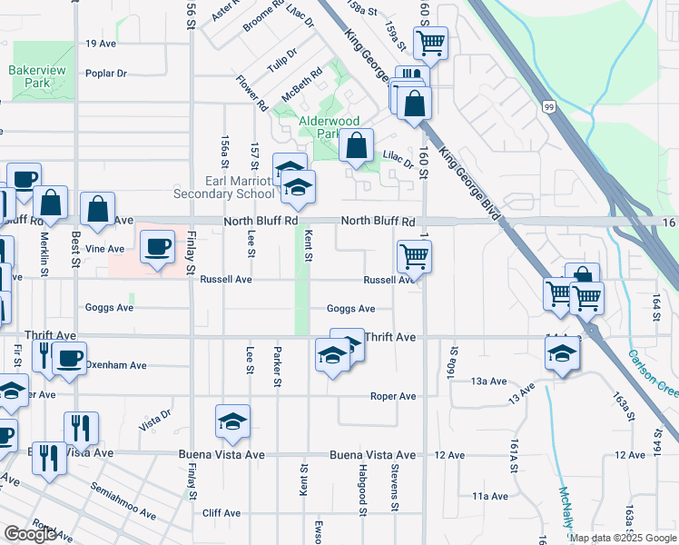 map of restaurants, bars, coffee shops, grocery stores, and more near 15847 Russell Avenue in White Rock
