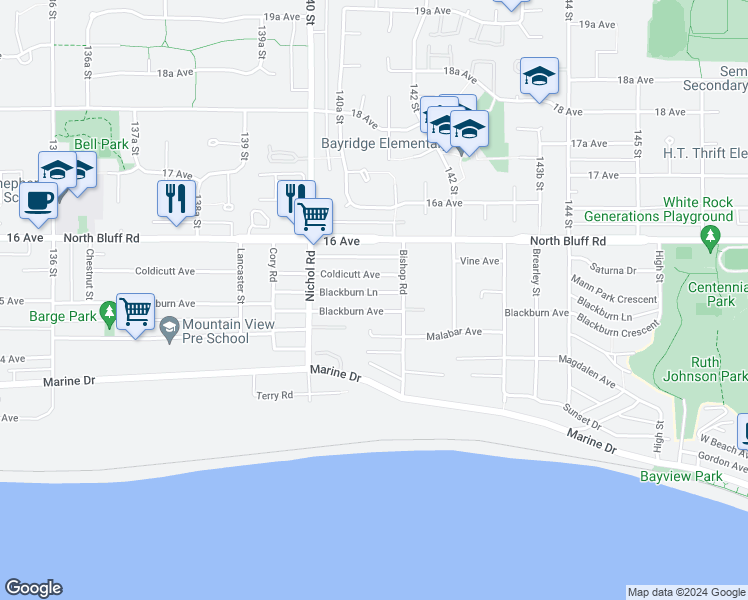 map of restaurants, bars, coffee shops, grocery stores, and more near 14109 Blackburn Avenue in White Rock