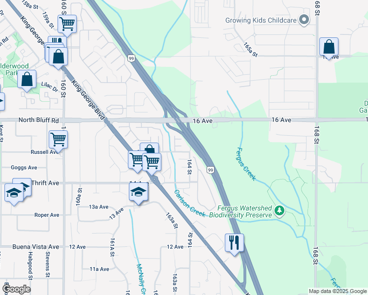 map of restaurants, bars, coffee shops, grocery stores, and more near 16373 15 Avenue in Surrey