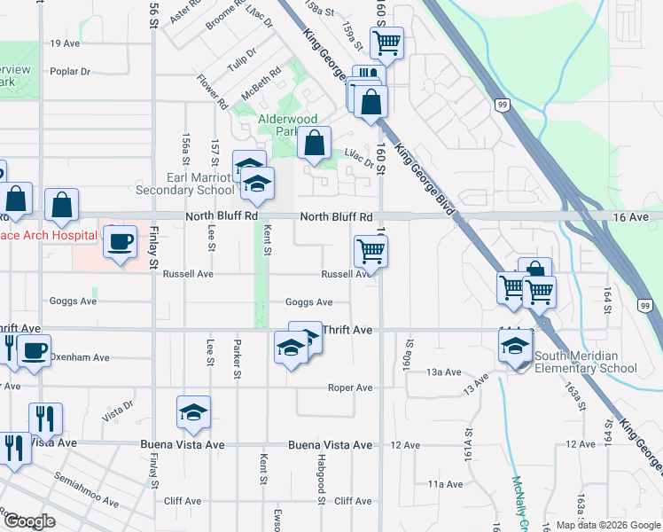 map of restaurants, bars, coffee shops, grocery stores, and more near 15919 Russell Avenue in White Rock