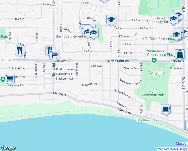 map of restaurants, bars, coffee shops, grocery stores, and more near 14256 Park Avenue in White Rock
