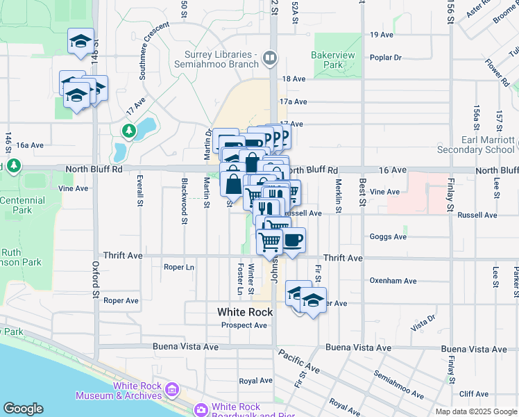 map of restaurants, bars, coffee shops, grocery stores, and more near in White Rock