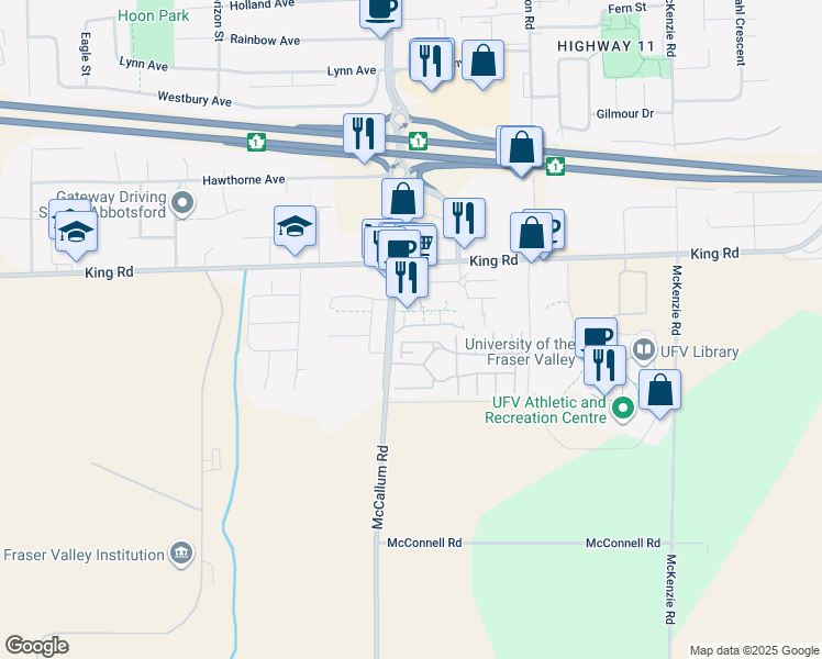 map of restaurants, bars, coffee shops, grocery stores, and more near 1502 McCallum Road in Abbotsford