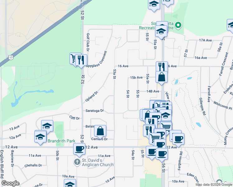 map of restaurants, bars, coffee shops, grocery stores, and more near 1464 53A Street in Delta