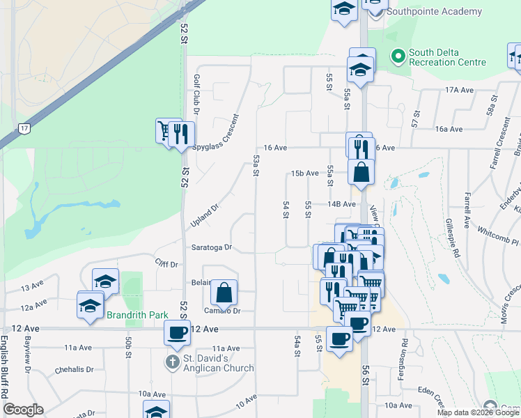 map of restaurants, bars, coffee shops, grocery stores, and more near 1464 53A Street in Delta
