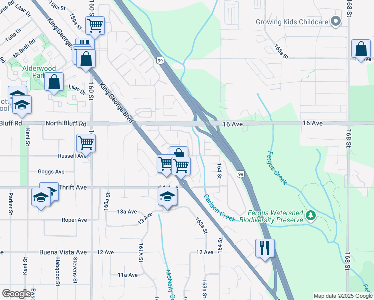 map of restaurants, bars, coffee shops, grocery stores, and more near 16323 15 Avenue in Surrey