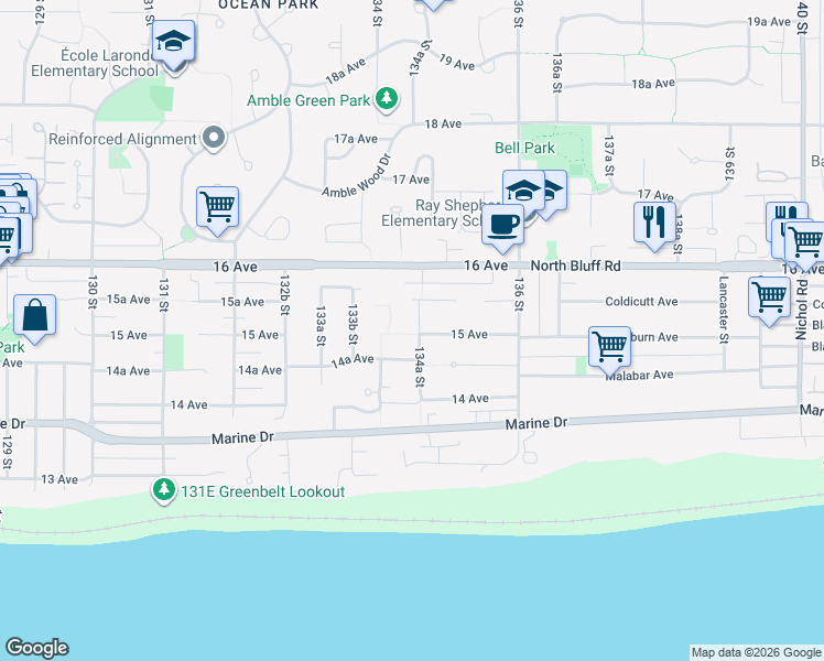 map of restaurants, bars, coffee shops, grocery stores, and more near 1505 134A Street in Surrey