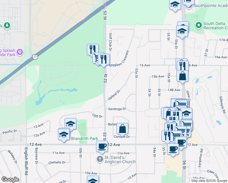 map of restaurants, bars, coffee shops, grocery stores, and more near 5243 Upland Drive in Delta