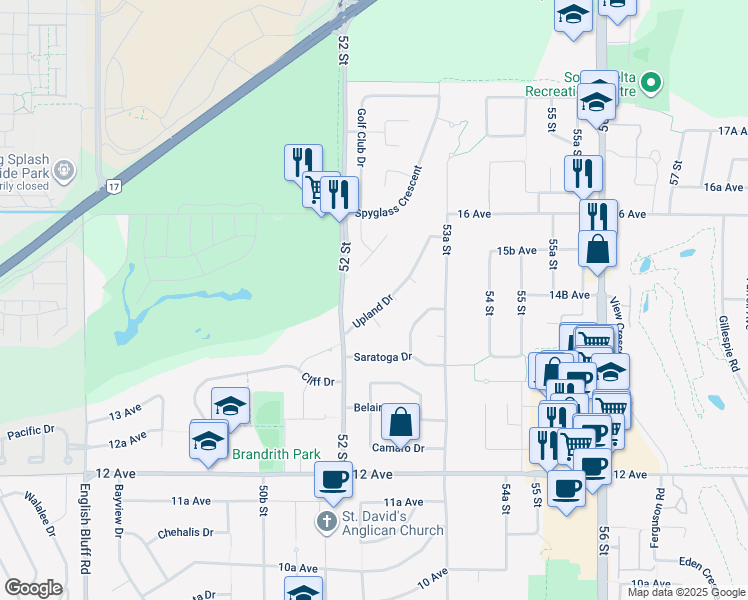 map of restaurants, bars, coffee shops, grocery stores, and more near 5243 Upland Drive in Delta