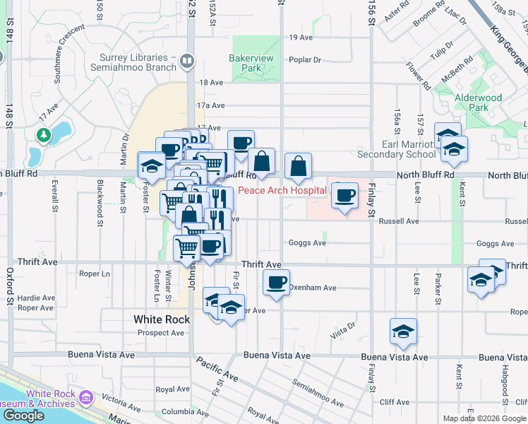 map of restaurants, bars, coffee shops, grocery stores, and more near 1500 Merklin Street in White Rock