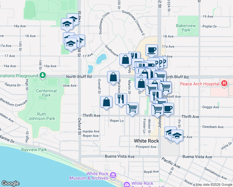 map of restaurants, bars, coffee shops, grocery stores, and more near in White Rock