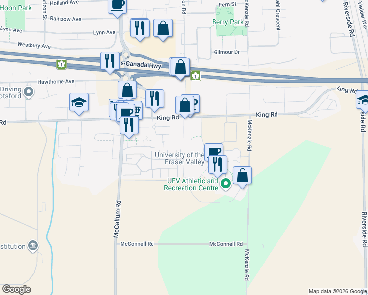 map of restaurants, bars, coffee shops, grocery stores, and more near 1515 College Drive in Abbotsford