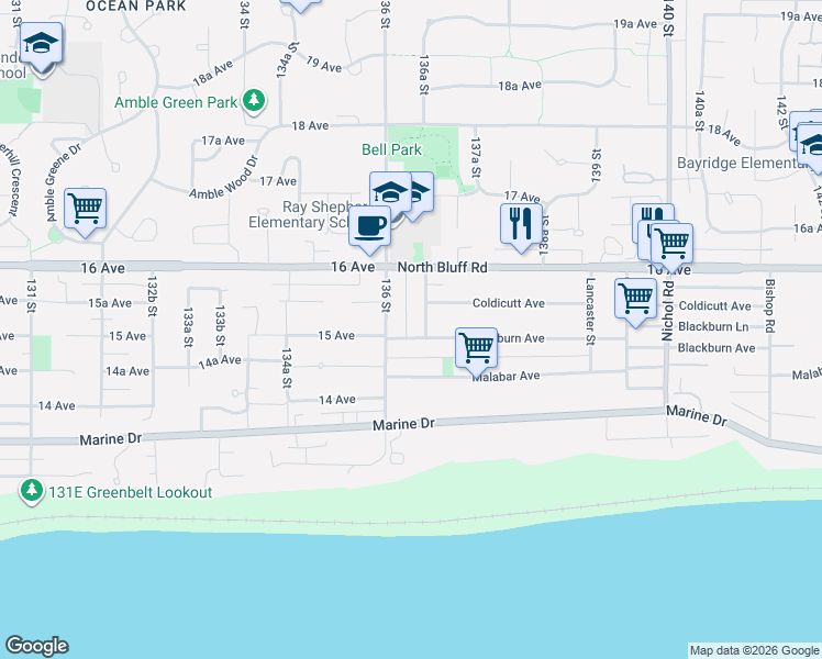 map of restaurants, bars, coffee shops, grocery stores, and more near 13645 Blackburn Avenue in White Rock