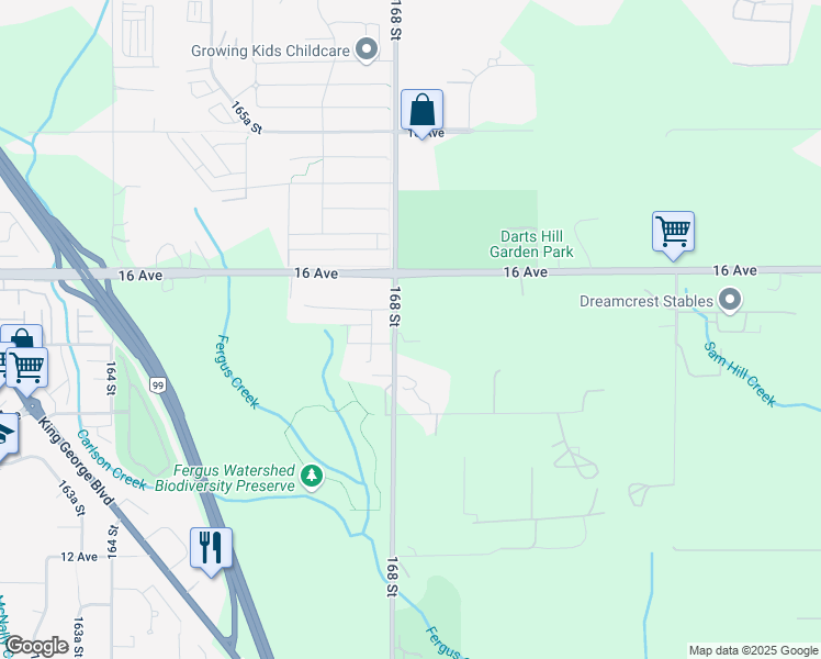 map of restaurants, bars, coffee shops, grocery stores, and more near 1518 168 Street in Surrey