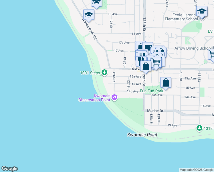 map of restaurants, bars, coffee shops, grocery stores, and more near 12626 15 Avenue in Surrey