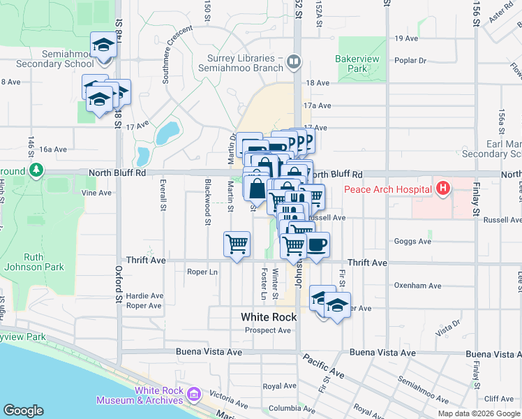 map of restaurants, bars, coffee shops, grocery stores, and more near 15111 Russell Avenue in White Rock