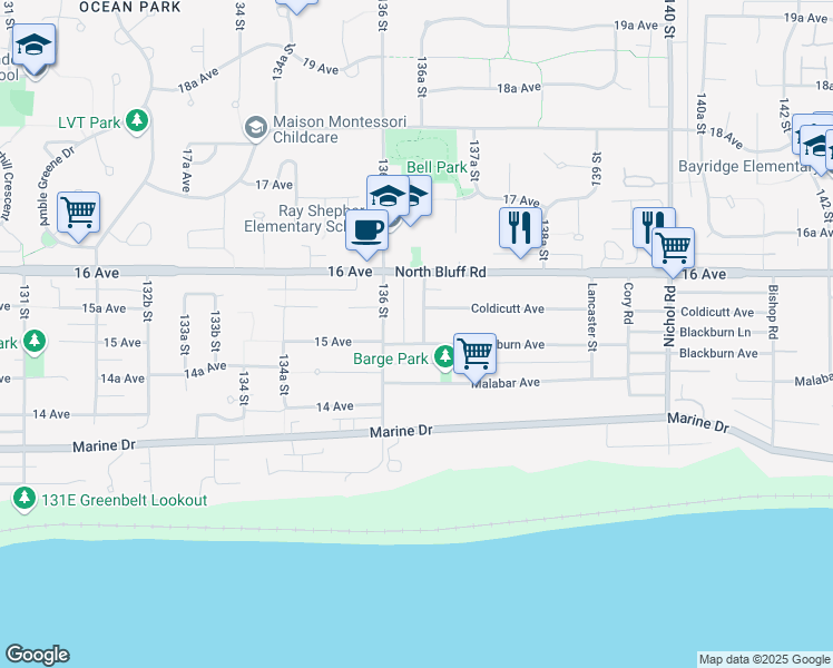 map of restaurants, bars, coffee shops, grocery stores, and more near 1511 Chestnut Street in White Rock
