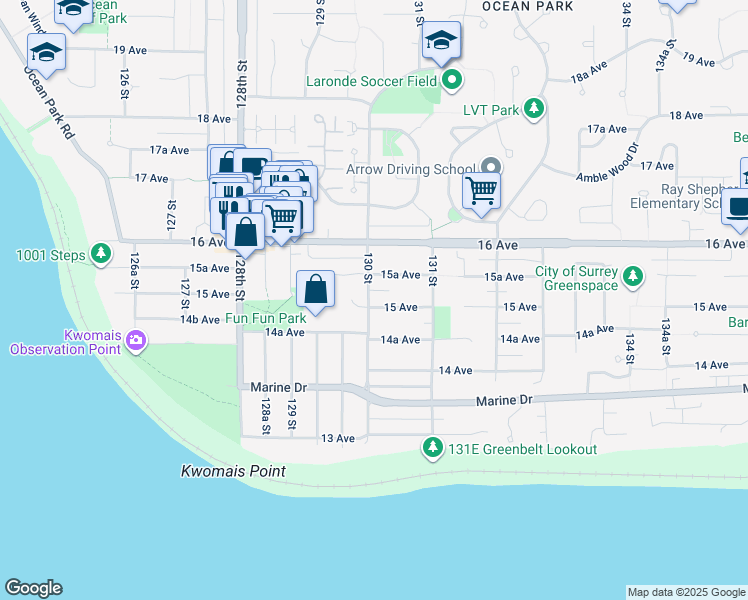 map of restaurants, bars, coffee shops, grocery stores, and more near 13009 15 Avenue in Surrey