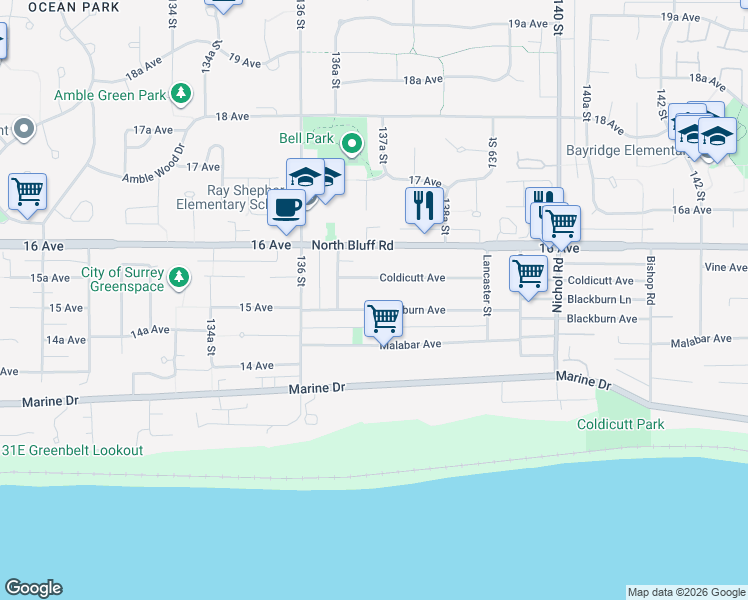 map of restaurants, bars, coffee shops, grocery stores, and more near 13715 Blackburn Avenue in White Rock