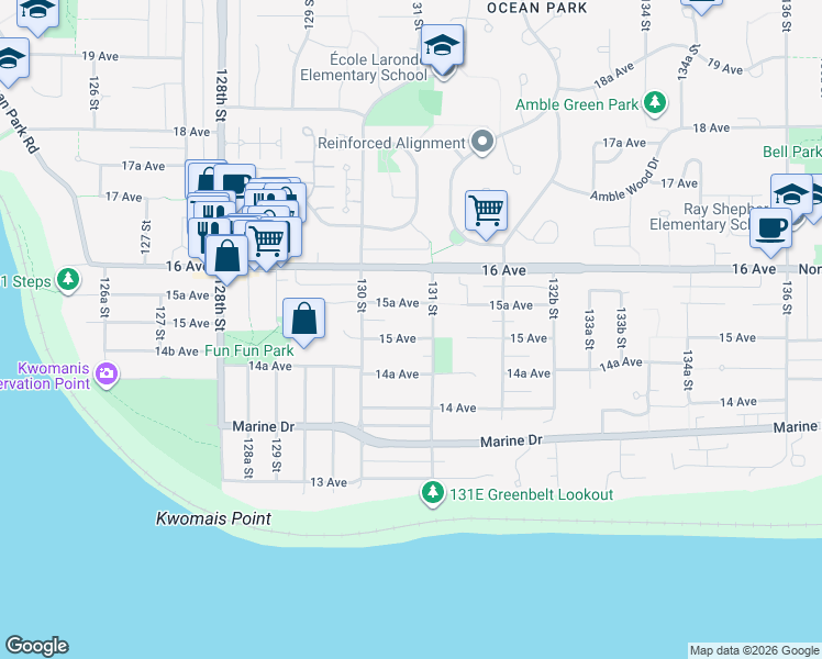 map of restaurants, bars, coffee shops, grocery stores, and more near 13071 15 Avenue in Surrey