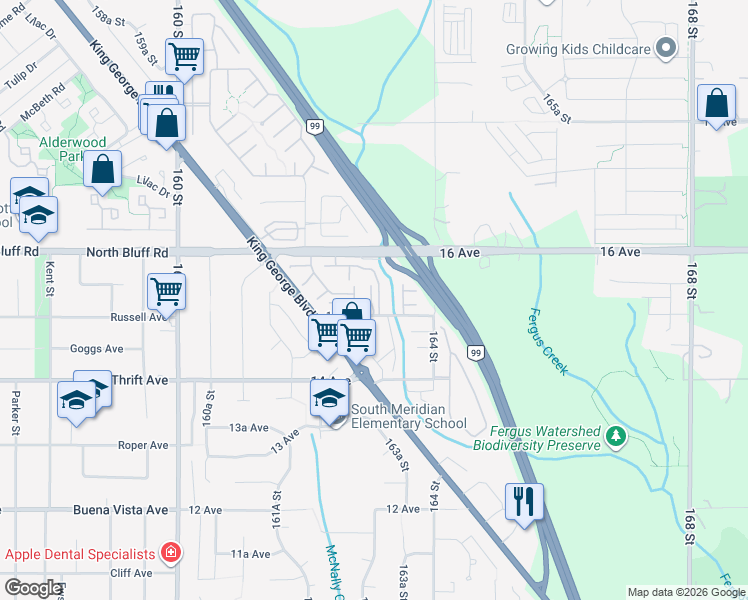 map of restaurants, bars, coffee shops, grocery stores, and more near 16323 15 Avenue in Surrey